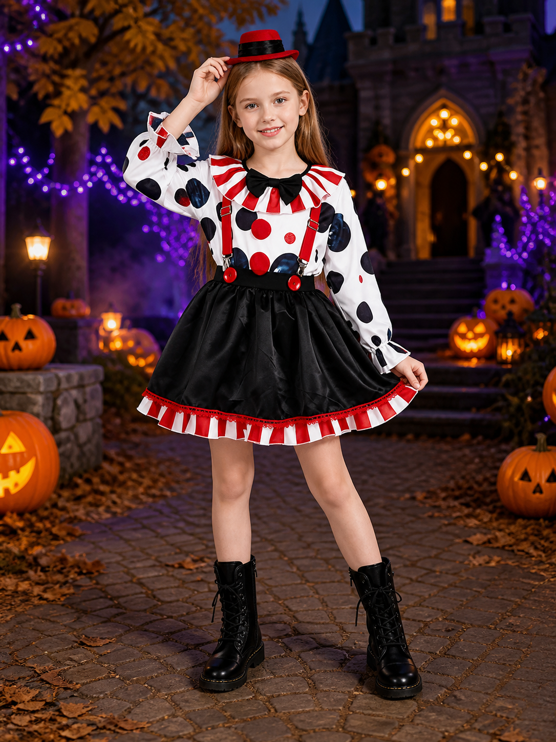 Women's Clown Costume Set, Red White Striped Top with Bow Tie, Skirt and Hat on-model Halloween scene view