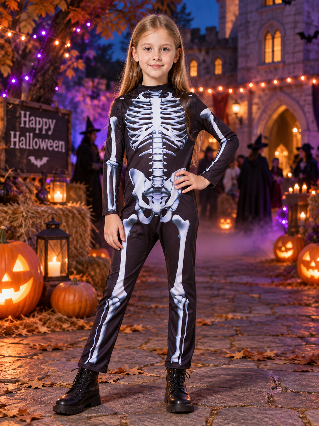 Kids' Skeleton Costume Black Jumpsuit with White Print