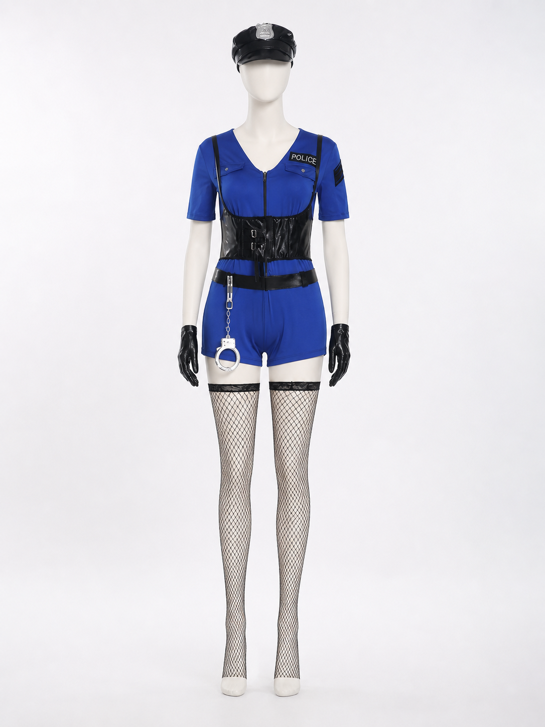 Women's Blue Police Officer Costume Set with Hat, Gloves, Handcuffs, and Costume Headwear detail 2