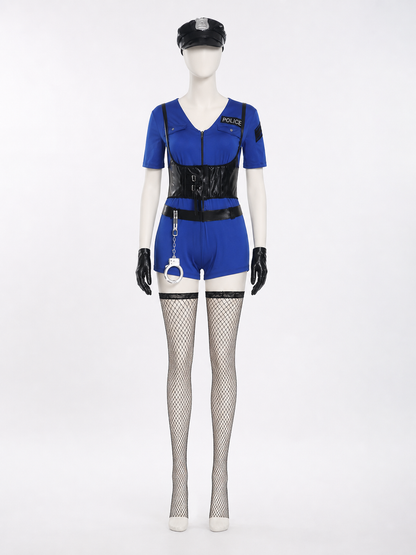 Women's Blue Police Officer Costume Set with Hat, Gloves, Handcuffs, and Costume Headwear detail 2