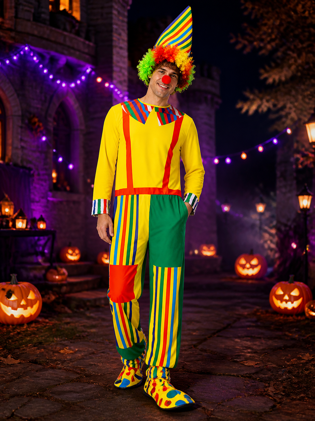 Unisex Clown Costume Set - Multi-Color Striped Jumpsuit with Pointy Hat, Circus Costume Headwear detail 2