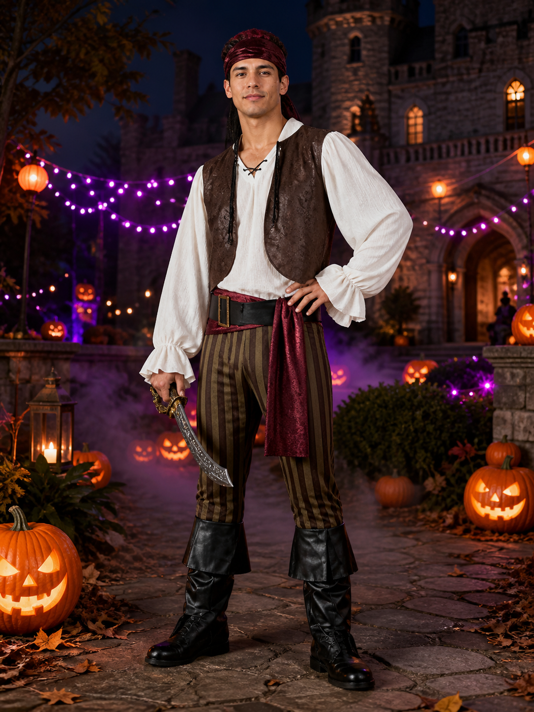 Adult Pirate Costume Set with Vest, Shirt, Striped Pants, Headscarf and Belt Costumes detail 2
