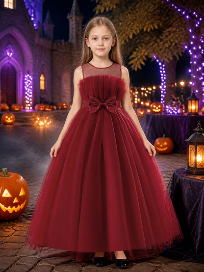 Girls' Maroon Long Flower Girl Princess Dress, Layered Tulle Skirt and Bow Costume Dresses detail 2