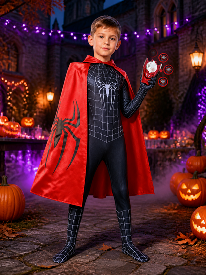 Black Spider-Man Kids' Jumpsuit Costume With Mask, Cape And Web Shooter Costume Capes detail