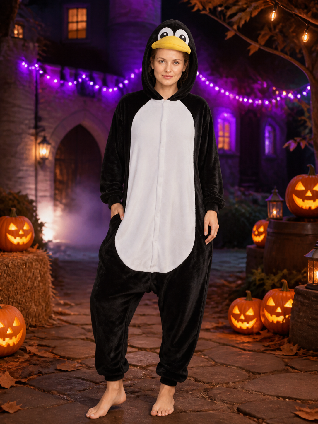 Hooded Penguin Onesie Costume With Yellow Beak, Long Sleeves And Pants