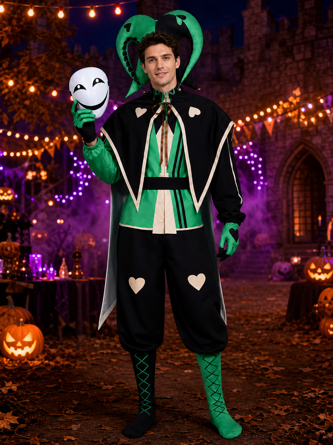 Black and green jester clown costume in a Halloween night scene