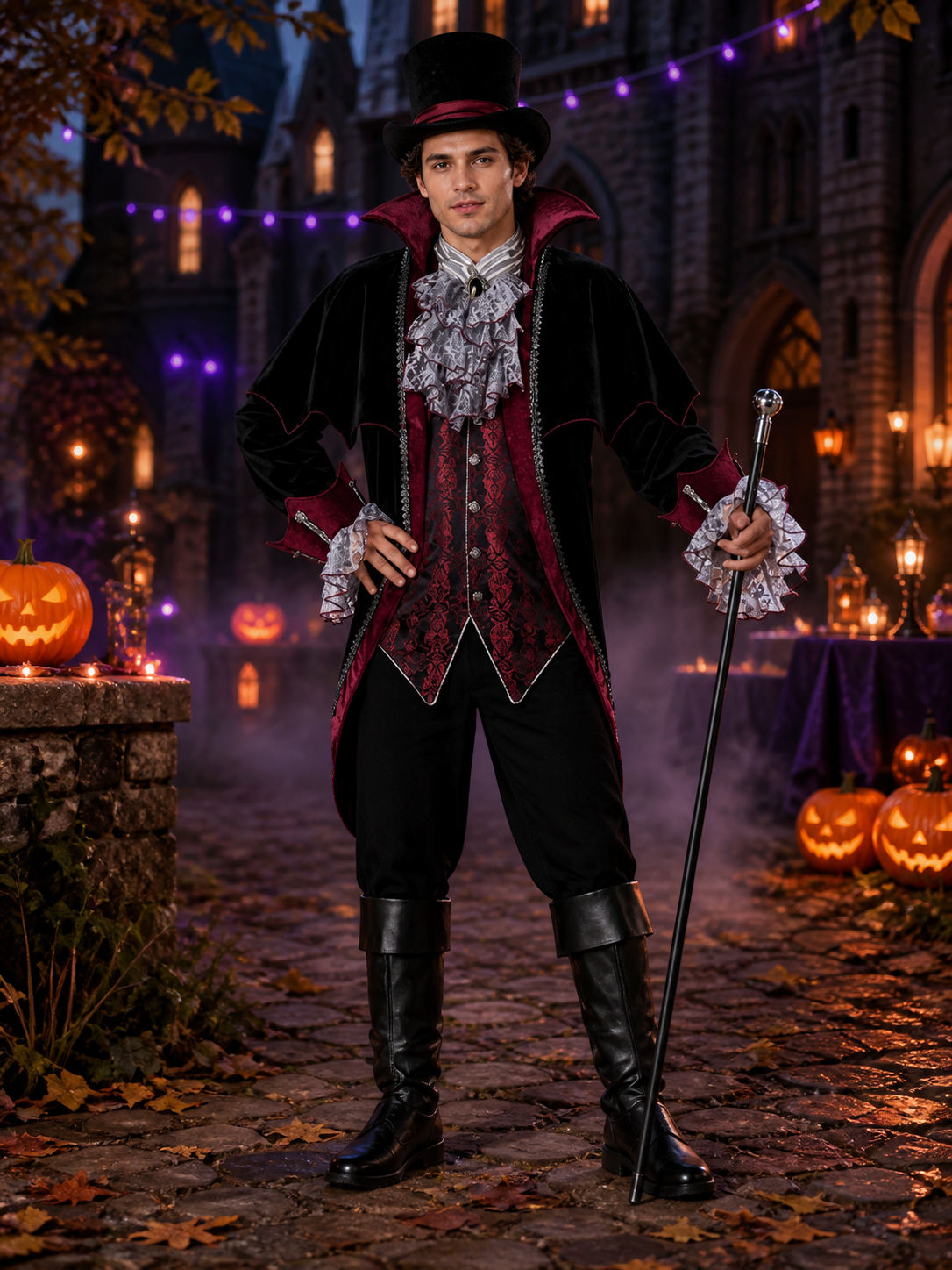 Gothic Wizard Costume Set, Black and Burgundy Long-Sleeve Halloween Cosplay Costumes detail 2