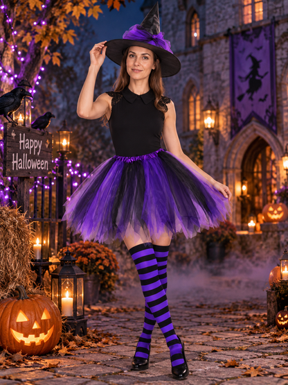 Witch Costume: Purple and Black, Hat, Skirt, Stockings