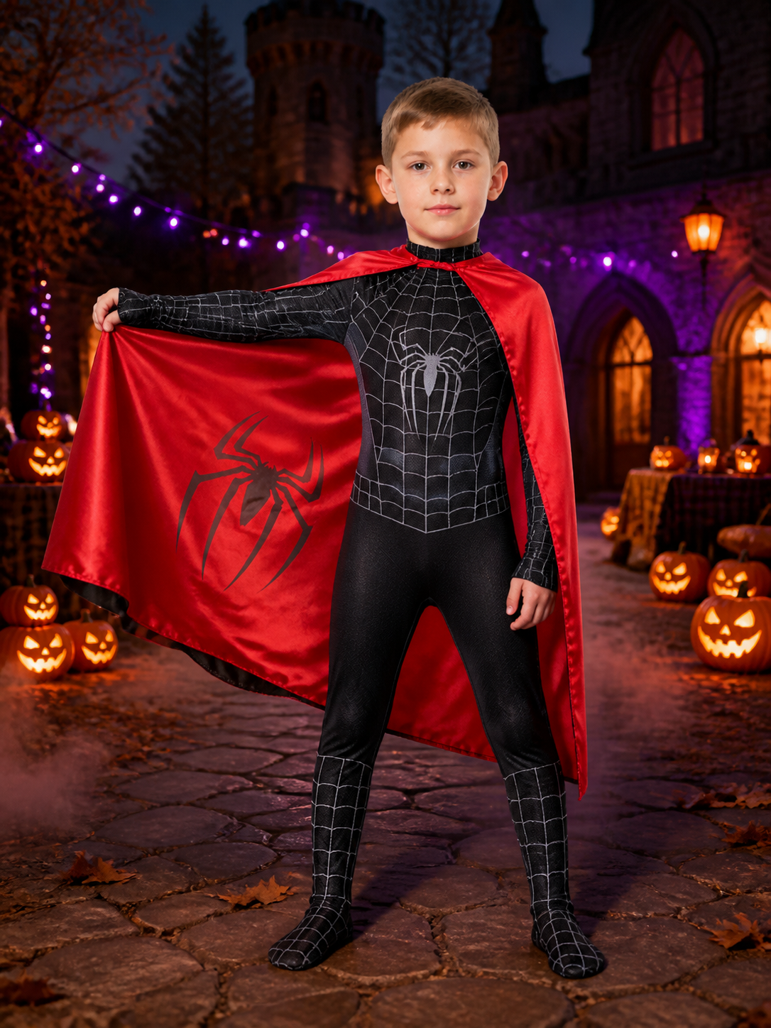 Black Spider-Themed Bodysuit Costume With Cape And Integrated Mask Costume Capes detail 2