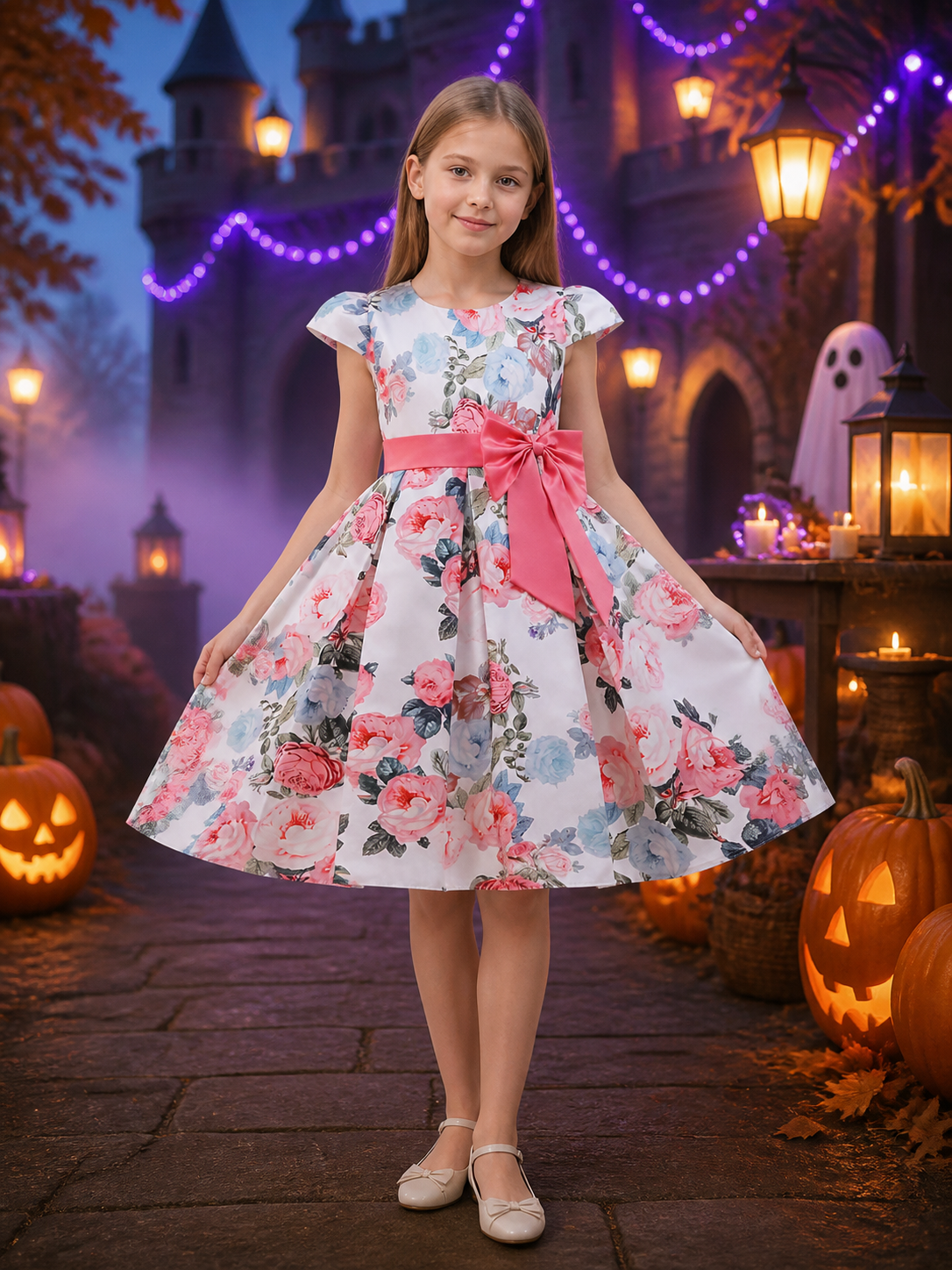 Girls' Floral Print Princess Dress With Bow, Short Sleeve Formal Outfit