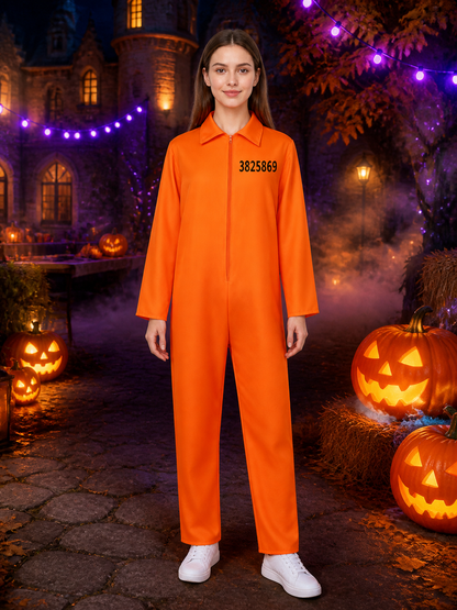 Orange Prisoner Jumpsuit Costume, Collared Zip-Front Long-Sleeve Number-Printed Costumes detail 2
