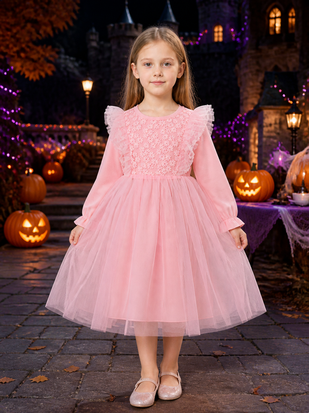 Infant Girls' Pink Princess Dress, Long Sleeve Lace Tulle Floral Embroidered Costume Dresses detail 2