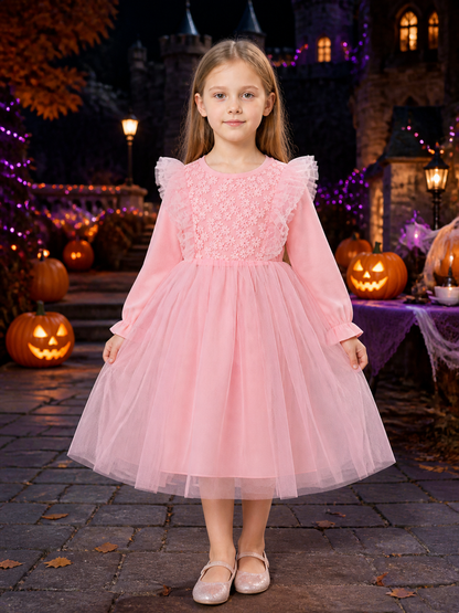 Infant Girls' Pink Princess Dress, Long Sleeve Lace Tulle Floral Embroidered Costume Dresses detail 2