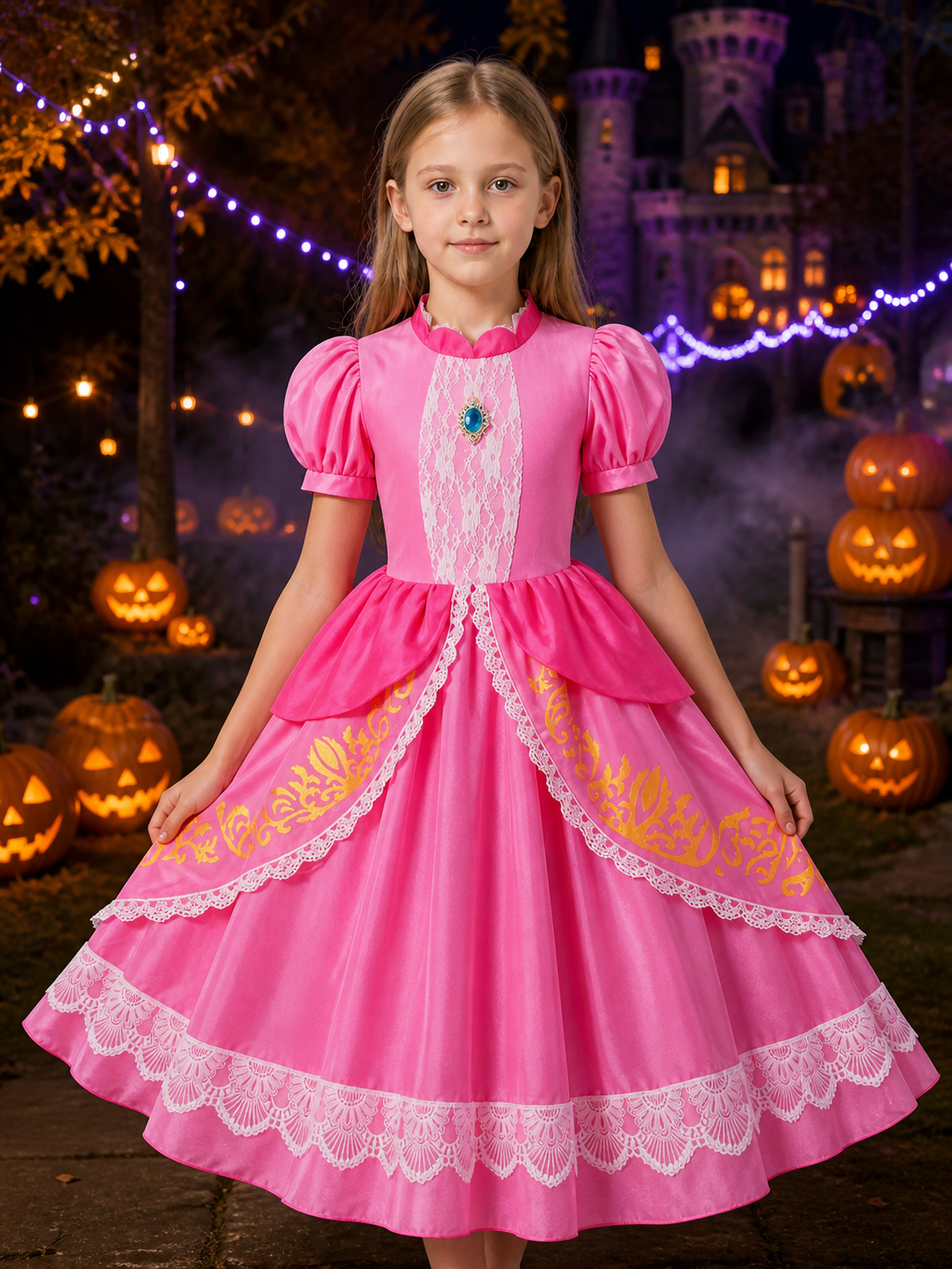 Girls Princess Dress Halloween Costume, Lace-Trimmed Puff Sleeve Gown Costume Dresses detail 2