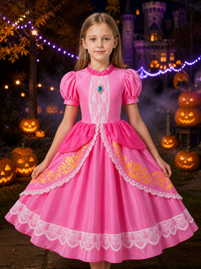 Girls Princess Dress Halloween Costume, Lace-Trimmed Puff Sleeve Gown Costume Dresses detail 2