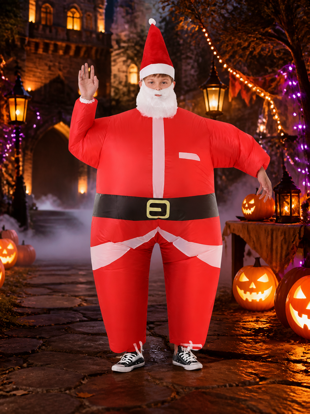 Kids Santa Claus Costume Set with Hat and Beard, Red White Christmas Outfit Costume Headwear detail 2