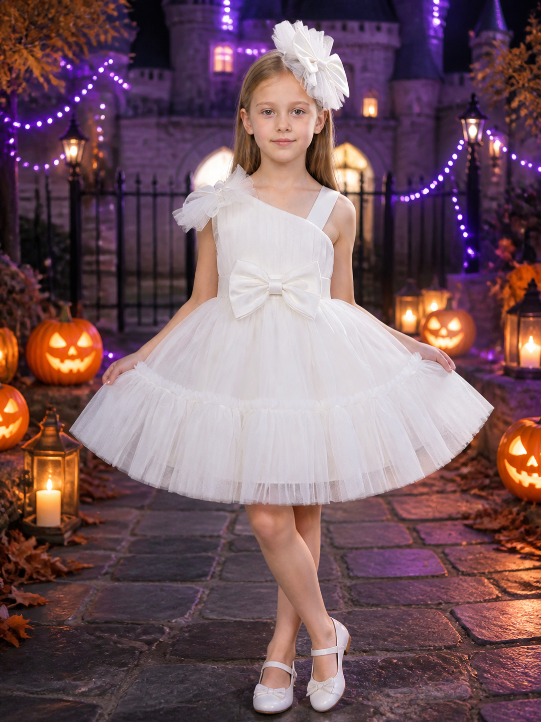 Girls' White Princess Dress Set, One-Shoulder Bow Tulle Party Outfit With Costume Dresses detail 2