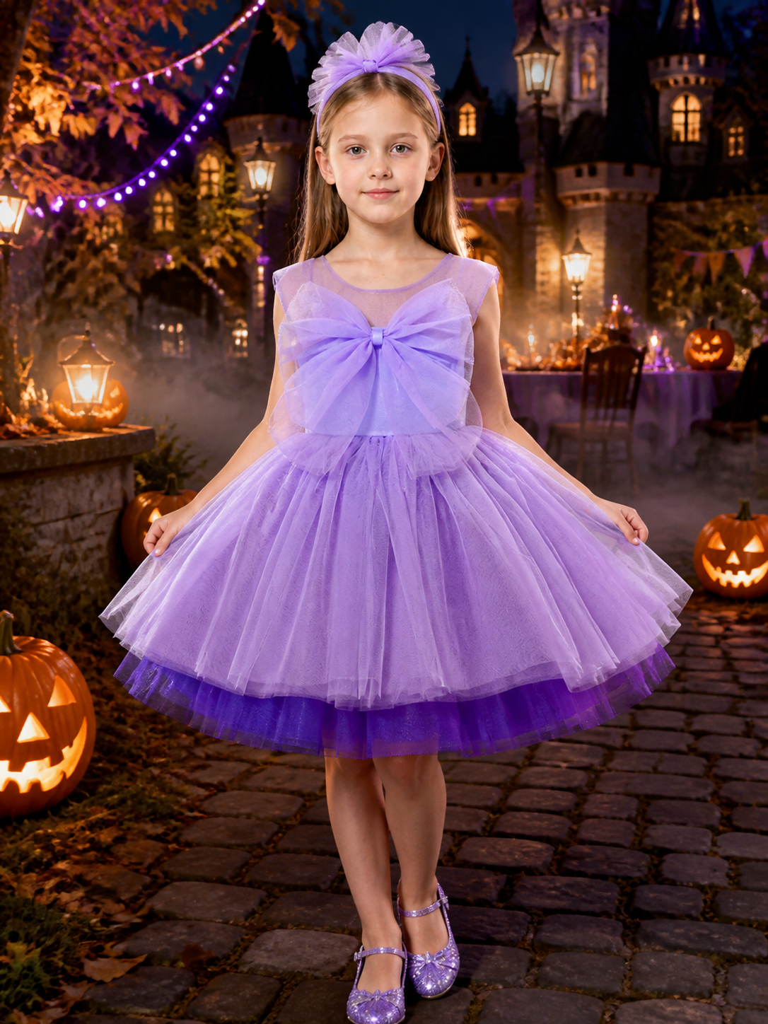 Baby Girls' Purple Princess Dress Set With Bow Headband, Layered Tulle Costume Dresses detail 2