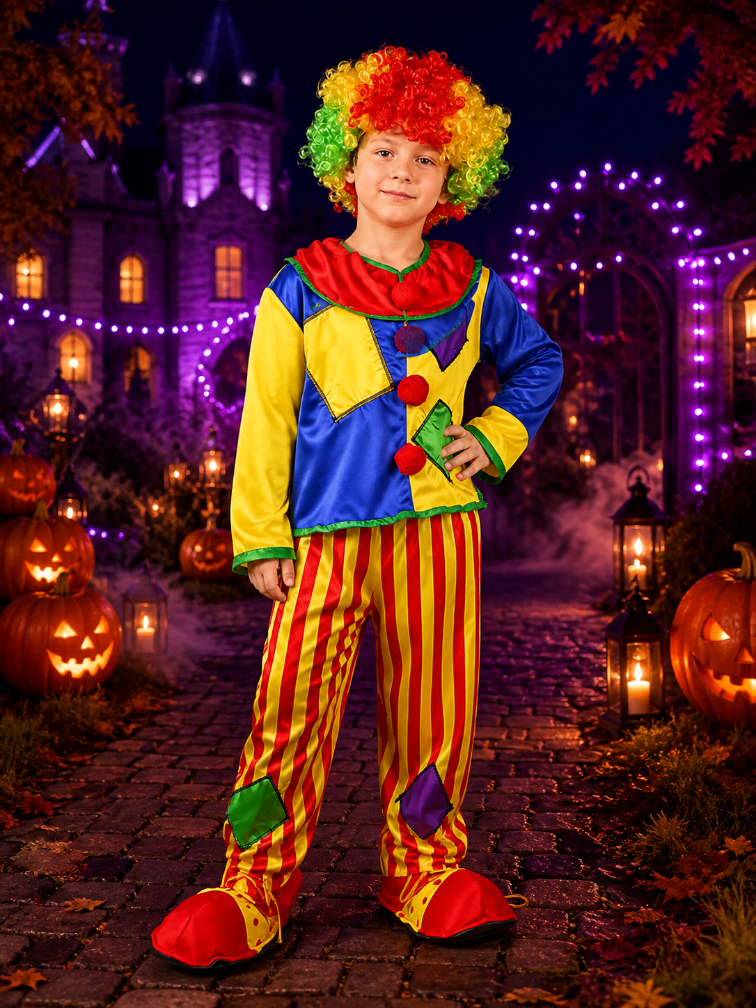 Kids Clown Circus Costume Set with Rainbow Wig Hat, Patchwork Top and Pants Costume Wigs detail 2