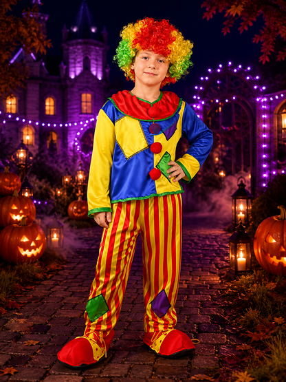 Kids Clown Circus Costume Set with Rainbow Wig Hat, Patchwork Top and Pants Costume Wigs detail 2