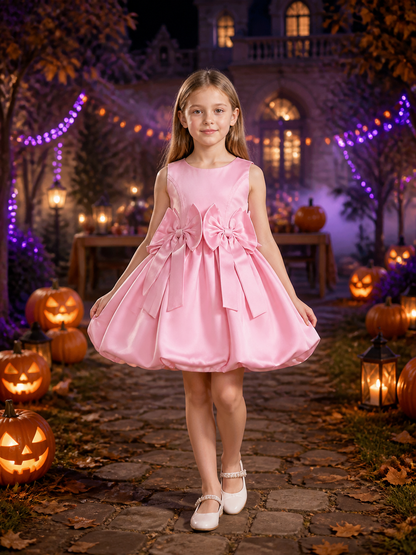 Girls' Pink Princess Dress, Sleeveless Puffy Skirt With Multiple Bow Details Costume Dresses detail 2