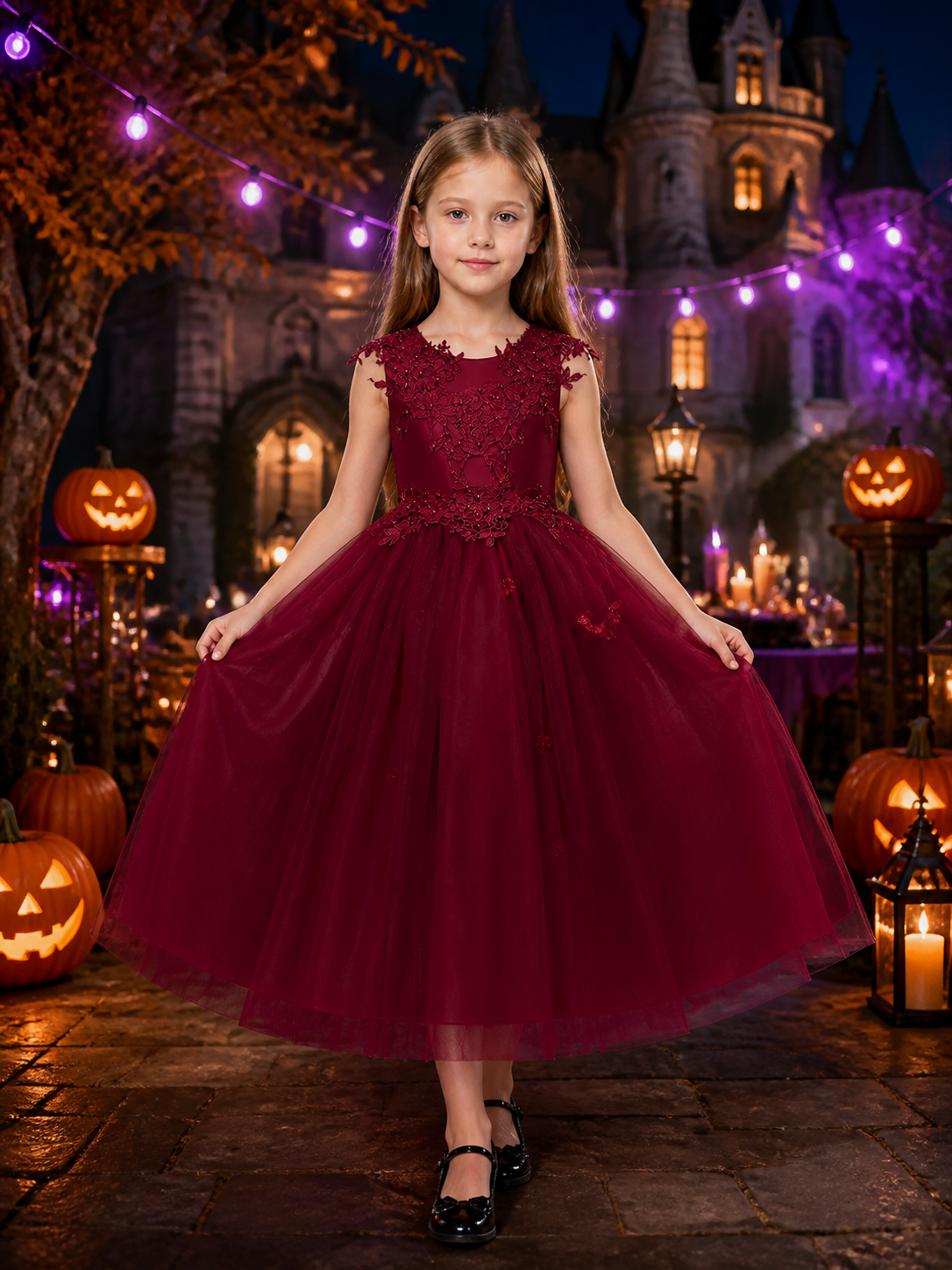 Girls' Burgundy Flower Girl Princess Dress, Sleeveless Floral Lace Gown Costume Dresses detail 2