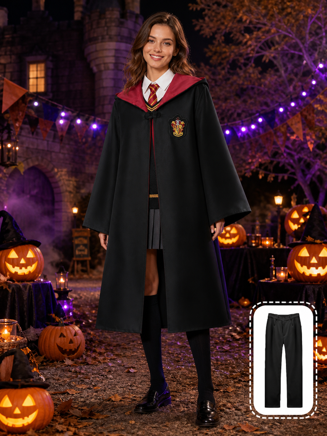 Harry Potter Gryffindor Robe Costume Set With Hat, Tie, Scarf, Wand & Glasses Costume Headwear detail 2