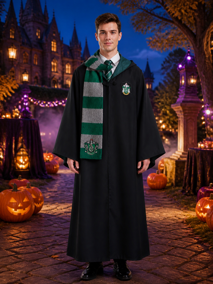Kids Wizard Robe Costume Set, Hooded Black Robe with Striped Tie and Scarf Costumes detail 2