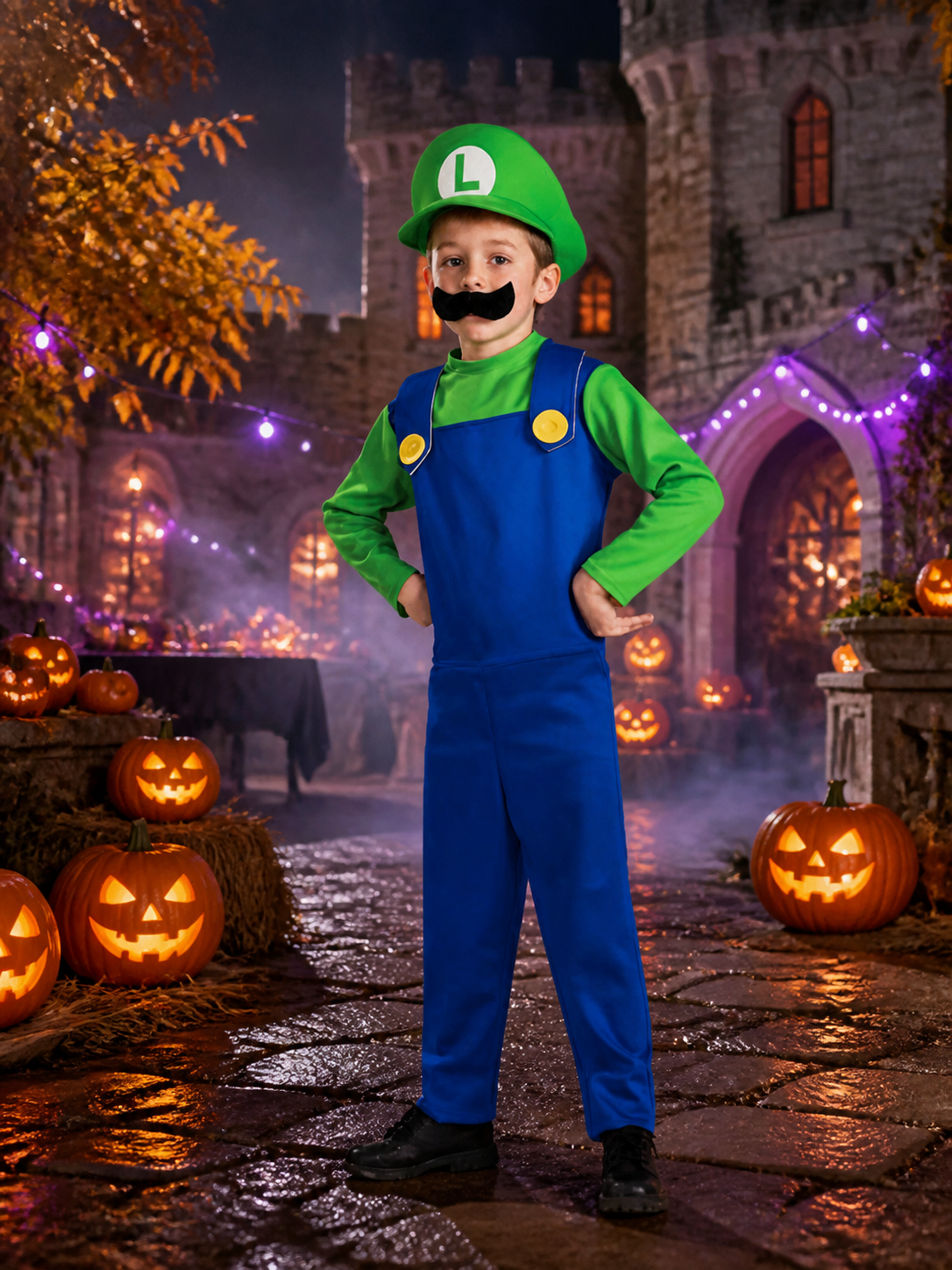 Luigi Costume with Jumpsuit and Hat Costume Headwear detail 2