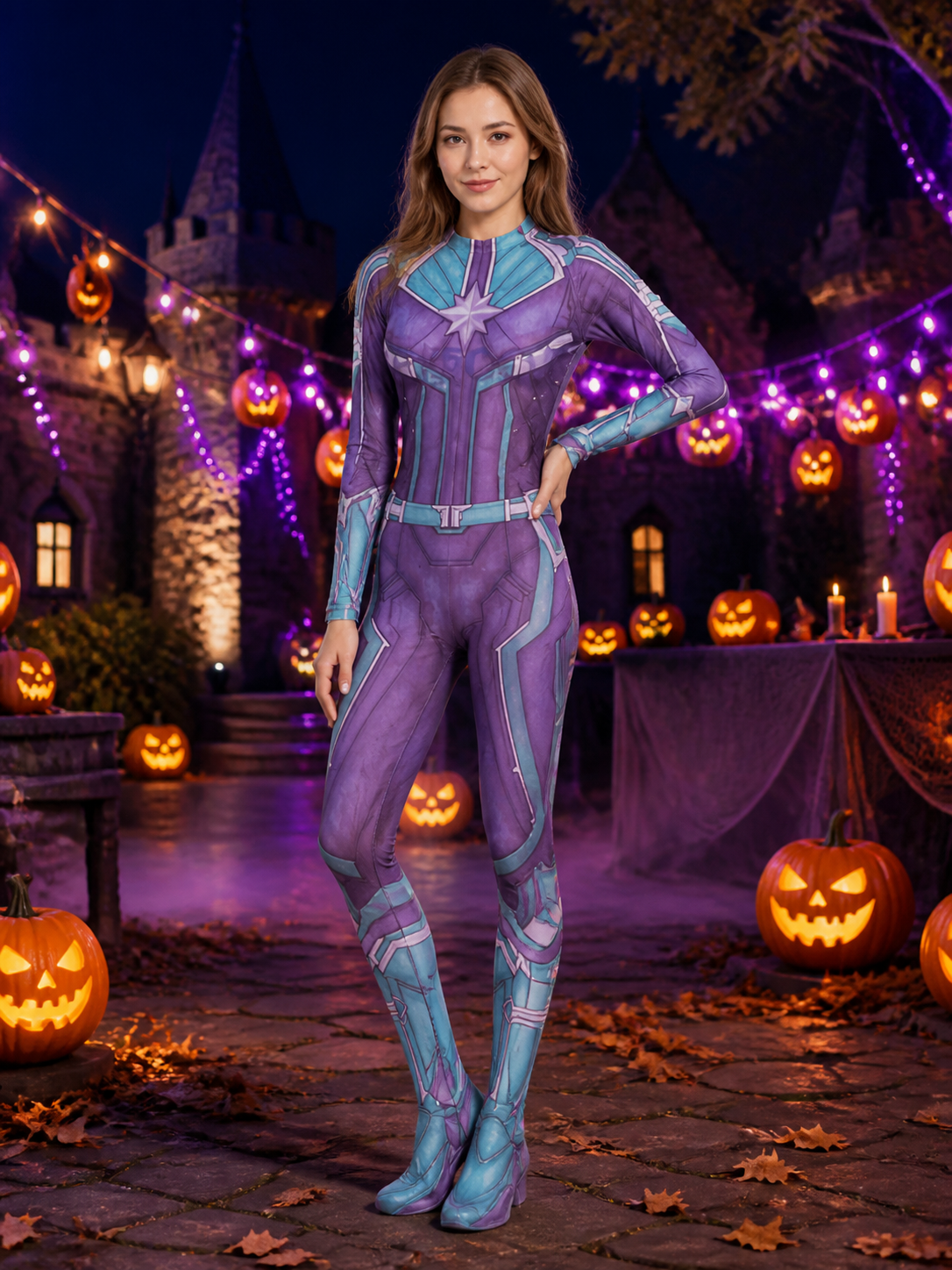 Purple Superhero Star Emblem Long-Sleeve Full-Body Bodysuit Costume Costumes detail 2