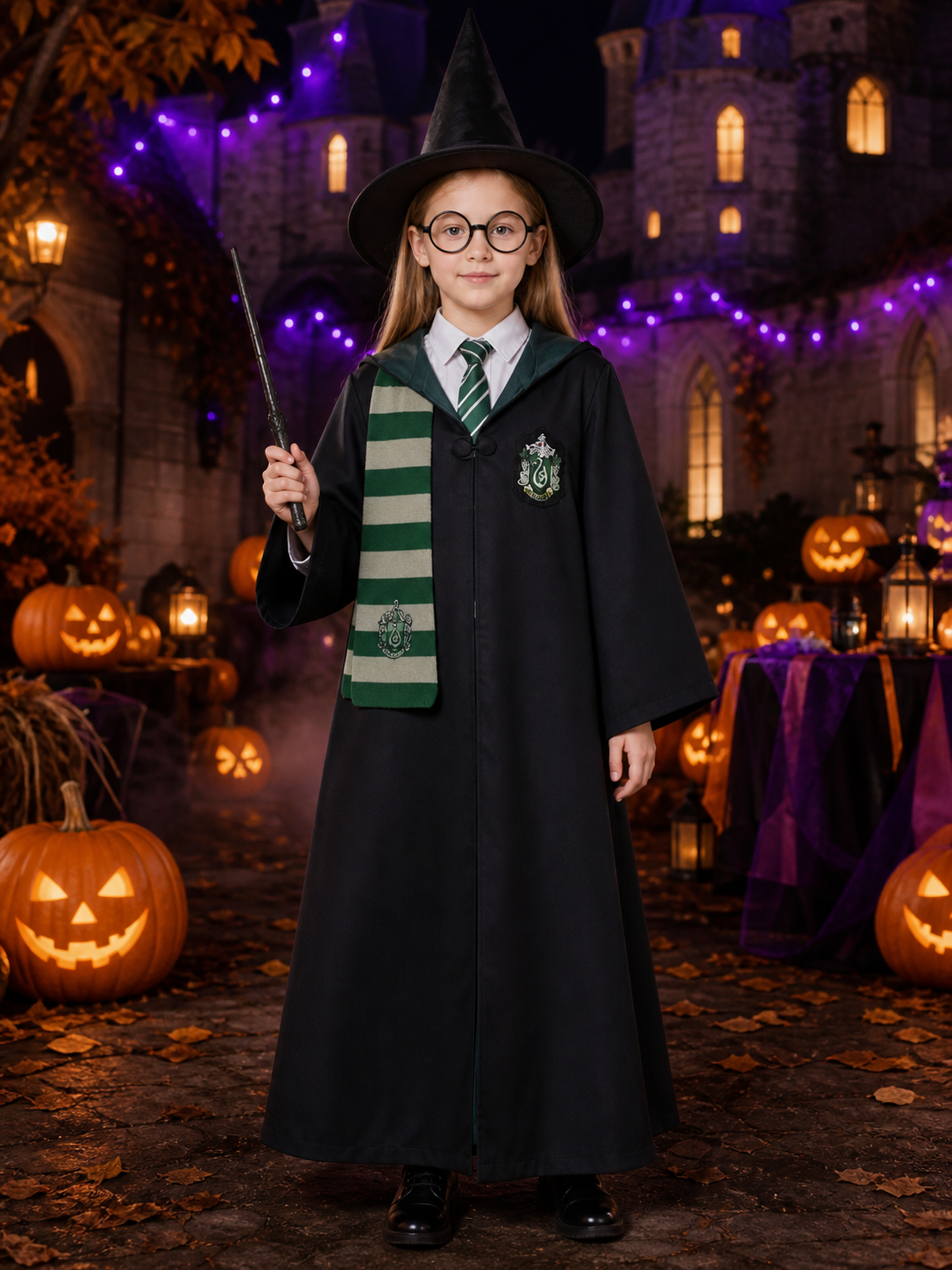 Green And Silver Wizard Robe Costume Set, 7-Piece Cosplay Outfit With Hat, Scarf Costume Headwear detail 2