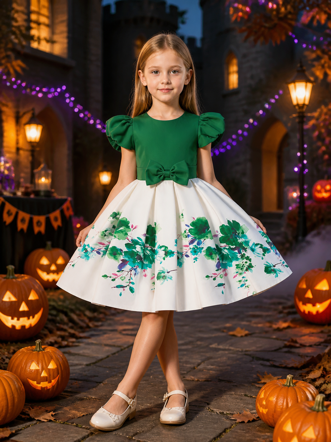Girls' Green and White Floral Princess Dress with Puff Sleeves and Bow Costume Dresses detail 2
