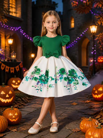 Girls' Green and White Floral Princess Dress with Puff Sleeves and Bow Costume Dresses detail 2