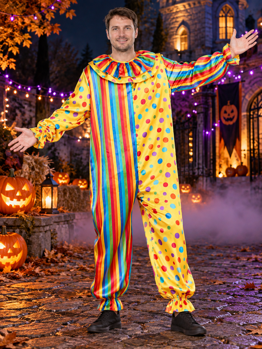 Clown Costume Jumpsuit with Puffy Jabot Collar and Print