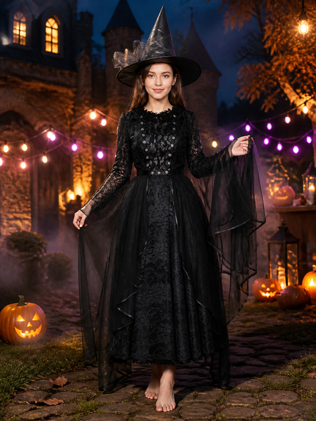Black Witch Costume Dress with Layered Skirt and Hat, Halloween Outfit Costume Dresses detail 2