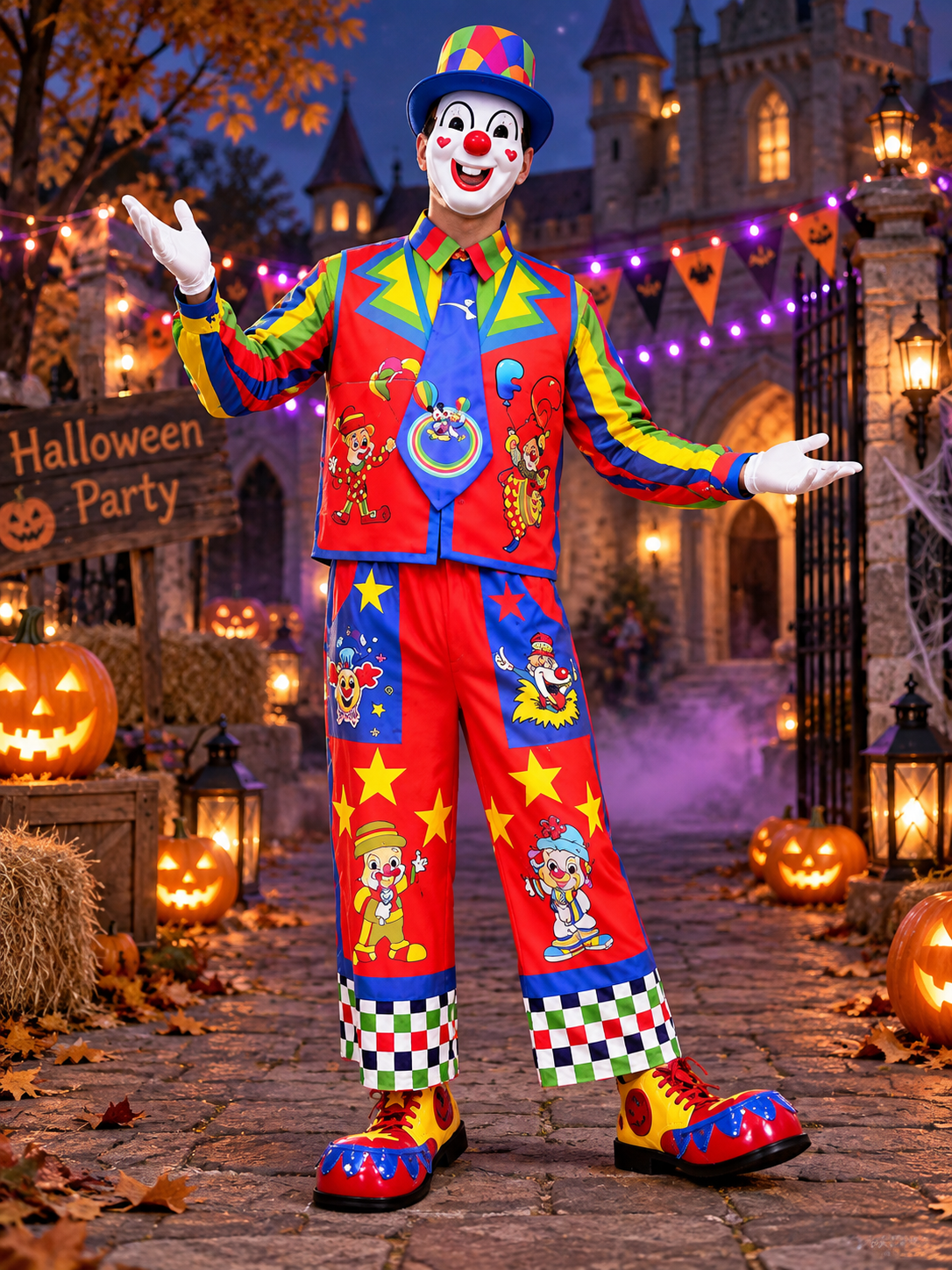 Multicolor Clown Costume with Vest, Bow Tie, and Hat