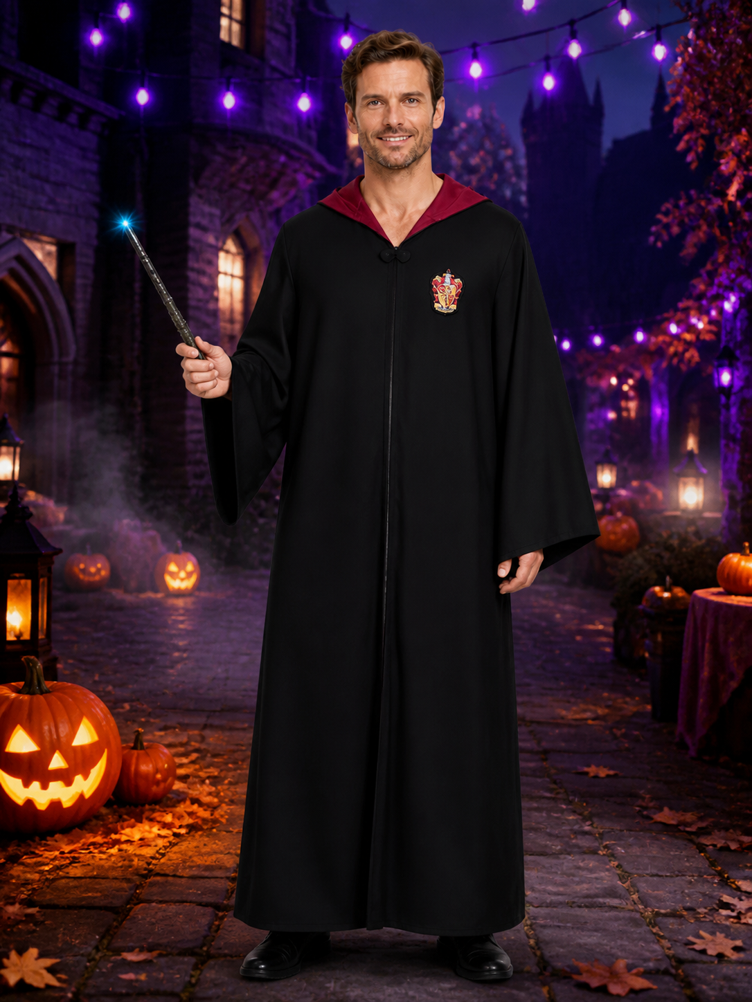 Hooded Wizard Robe Costume Set with Magic Wand, Black Long Cloak Costume Capes detail 2