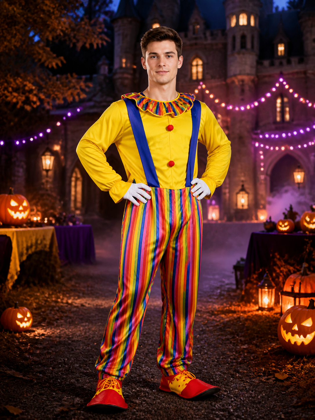 Adult Clown Jumpsuit Costume, Colorful Striped Bodysuit with Suspenders and Costumes detail 2