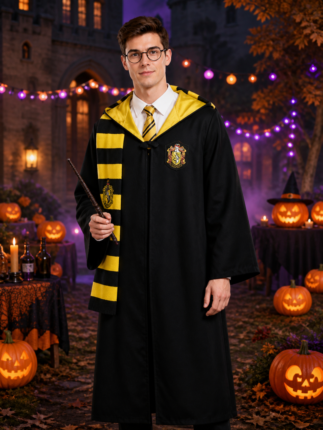 Black Long Hooded Wizard Robe Costume Set with Black and Yellow Striped Scarf Costumes detail 2