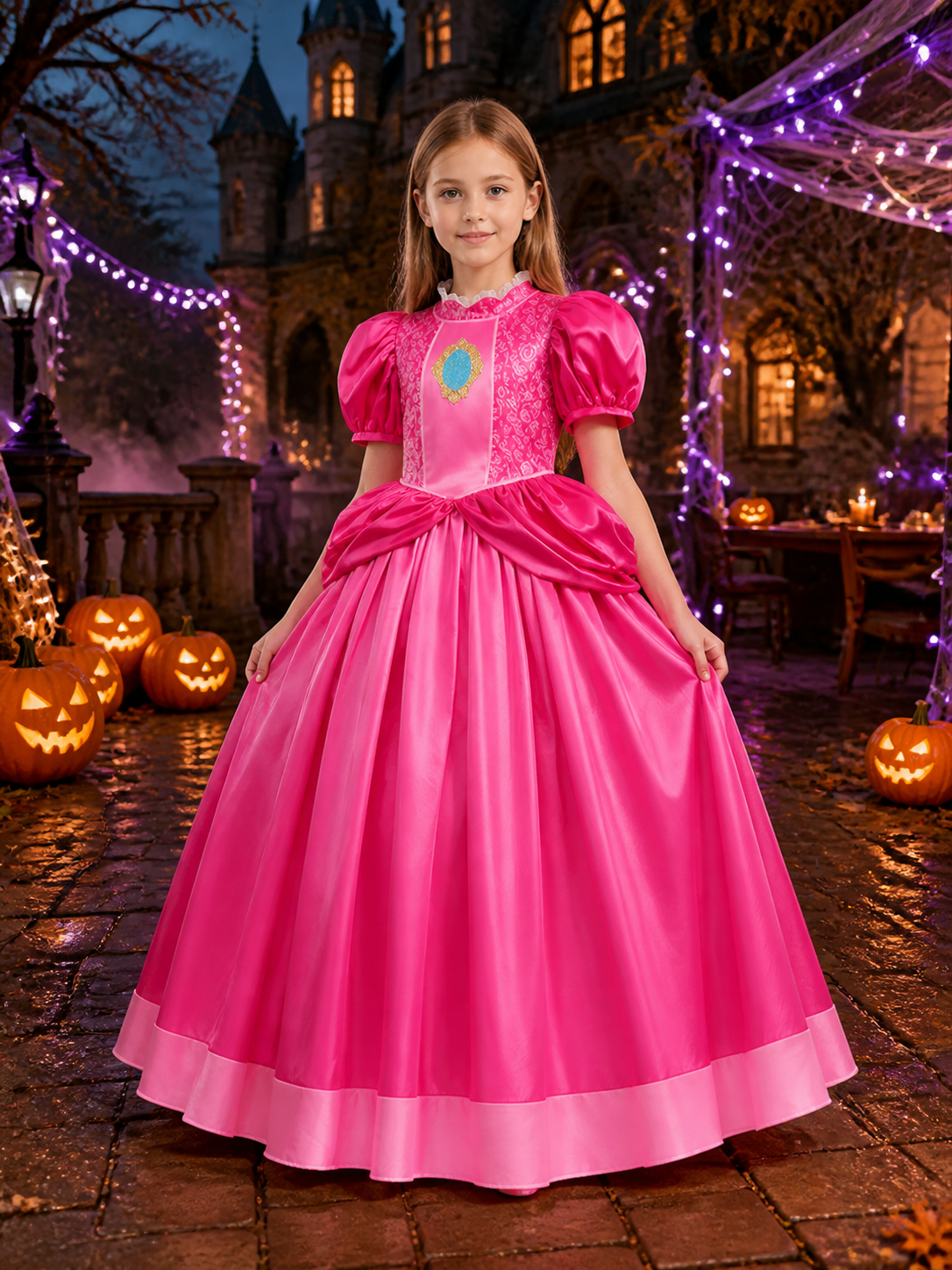 Girls Princess Peach Costume Dress – Pink Puff Sleeve Tutu Gown with Blue Gold product detail 2