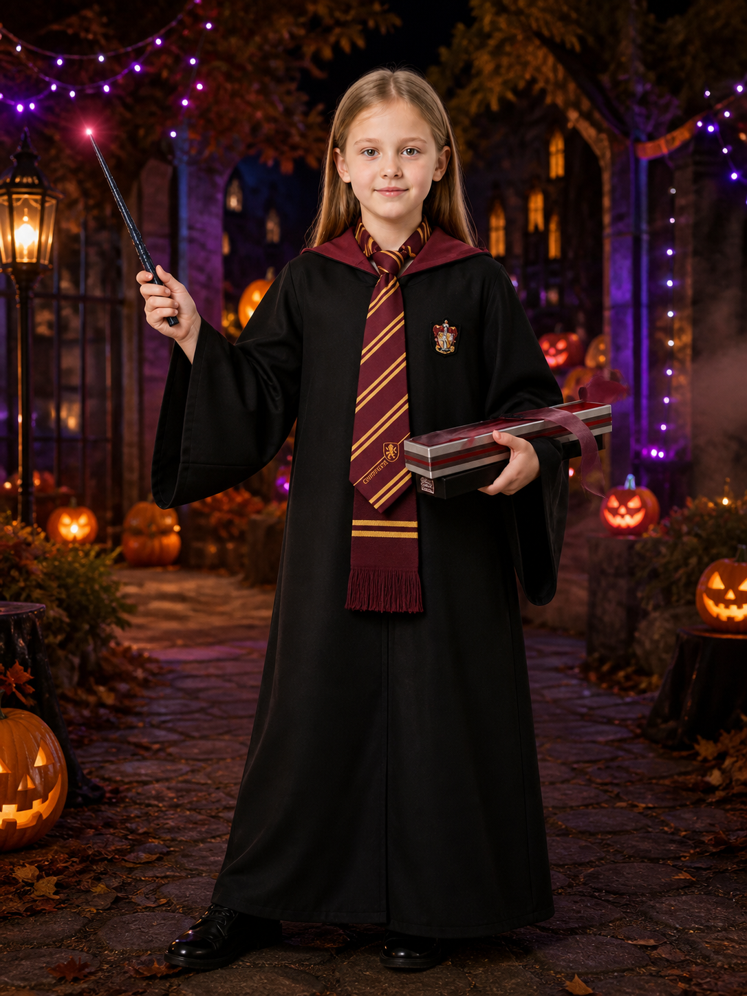 Kids Black Hooded Wizard Robe Costume Set with Tie, Scarf and Wand Costume Accessories detail 2