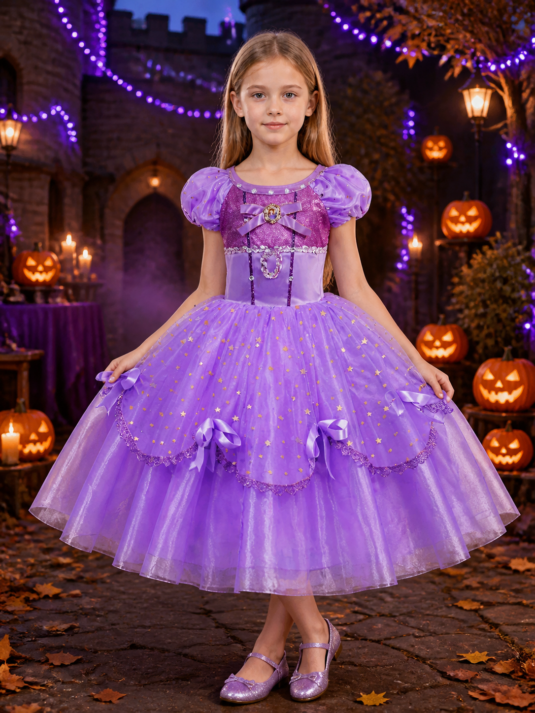 Girls Purple Princess Ball Gown Costume, Star Pattern Layered Tutu Dress with Costume Dresses detail 2