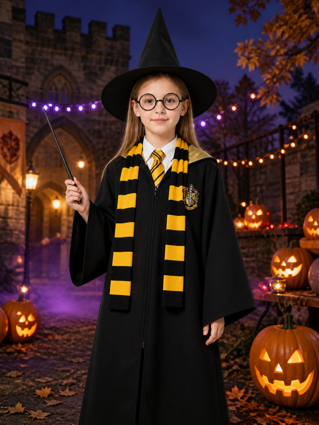 Black Hooded Wizard Robe Costume Set With Hat, Scarf, Tie, Wand And Round Costume Headwear detail 2
