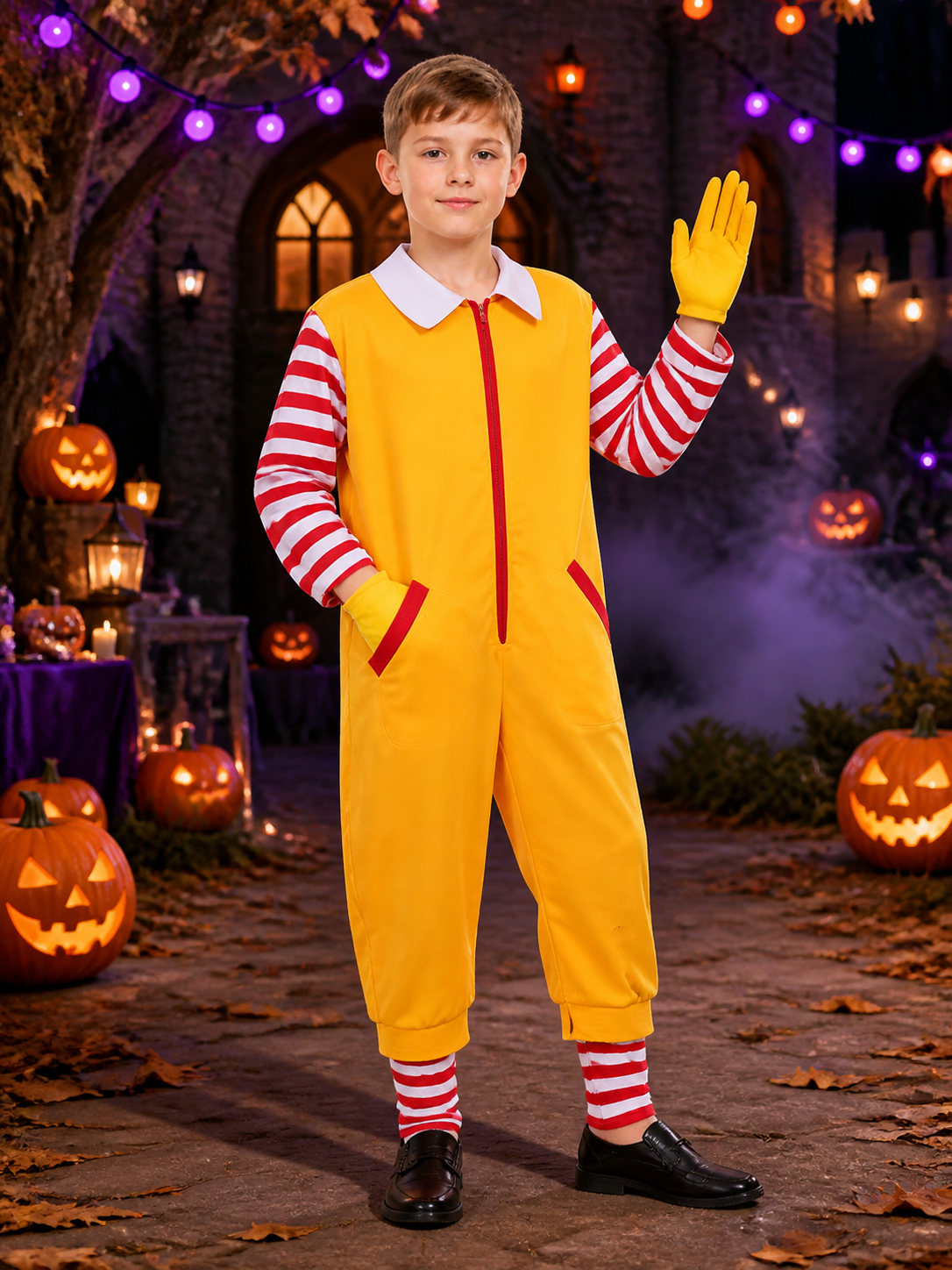 Clown Jumpsuit Costume, Yellow With Red And White Stripes, Halloween Cosplay Costumes detail 2