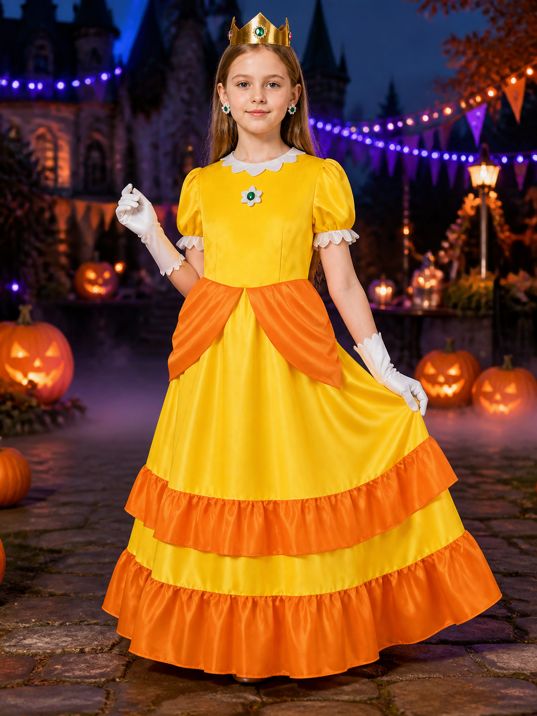 Kids Princess Yellow Dress Costume Set with Crown and Gloves for Halloween Costume Dresses detail 2