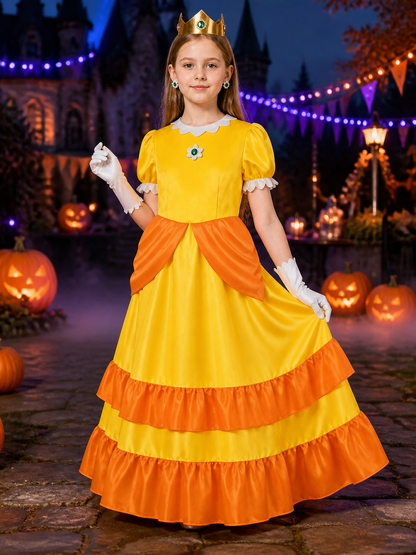 Kids Princess Yellow Dress Costume Set with Crown and Gloves for Halloween Costume Dresses detail 2