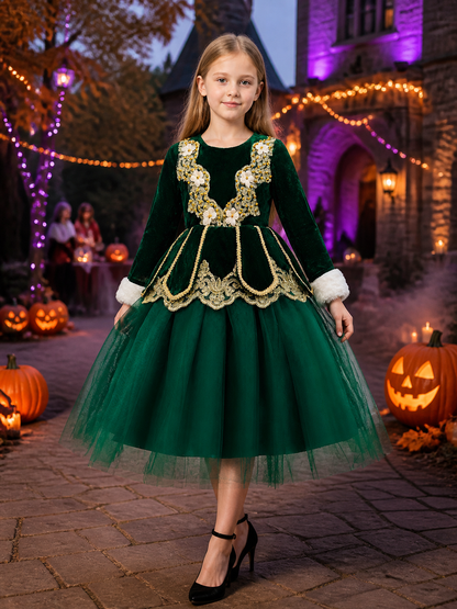 Girls' Dark Green Princess Party Dress, Long Sleeve Embroidered Tulle Skirt Costume Dresses detail 2