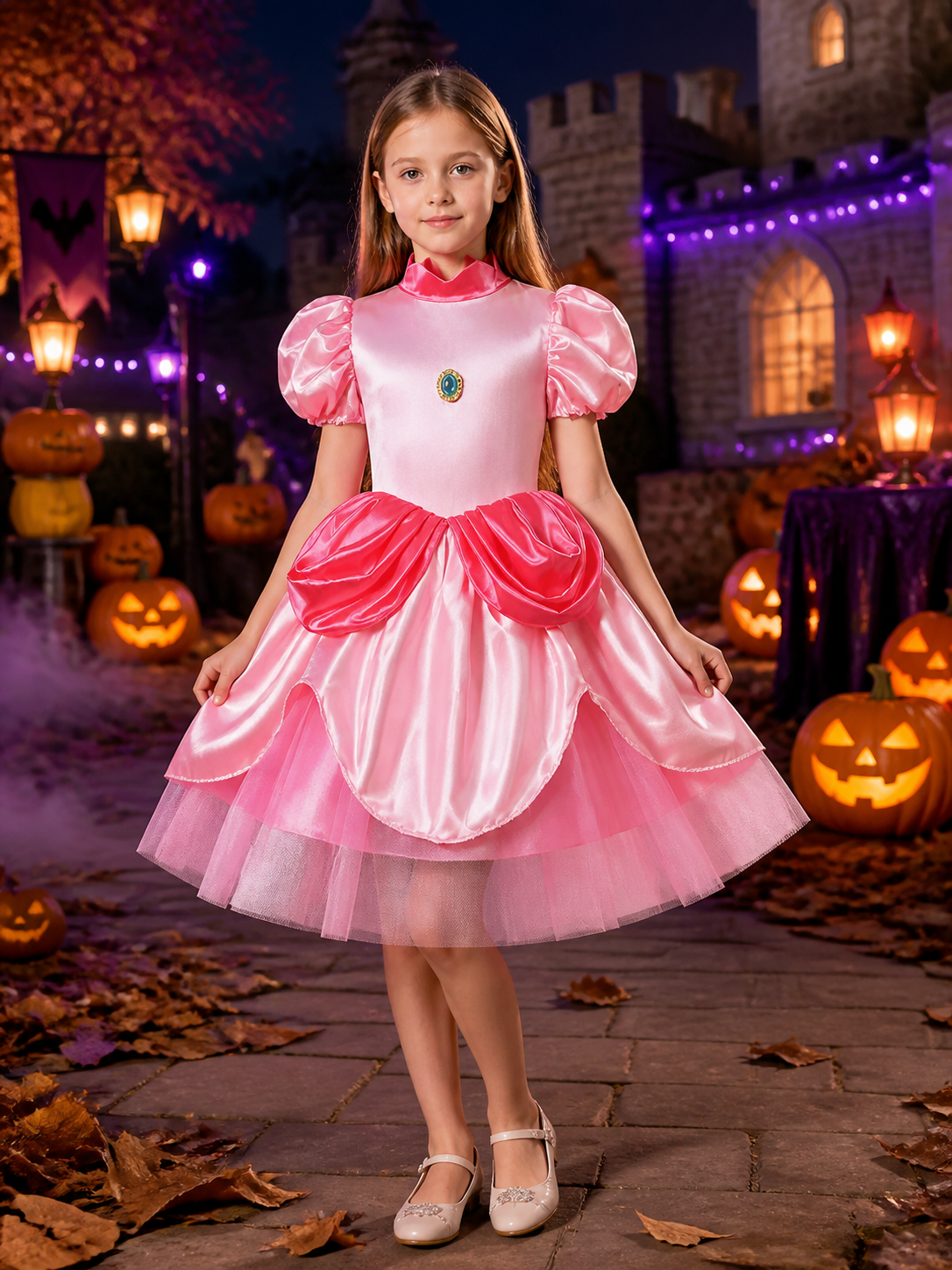 Kids Princess Costume Dress, Puff Sleeve High Collar Layered Skirt Halloween Costume Dresses detail 2