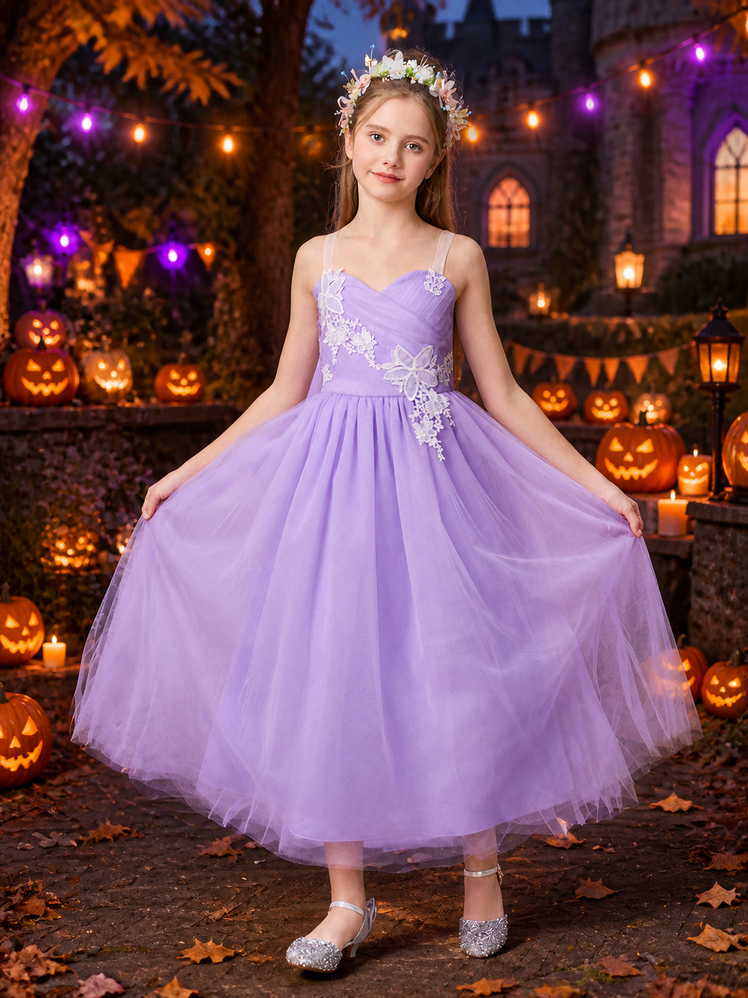 Girls' Light Purple Princess Dress, Layered Tulle Lace Bow Formal Gown Costume Dresses detail 2
