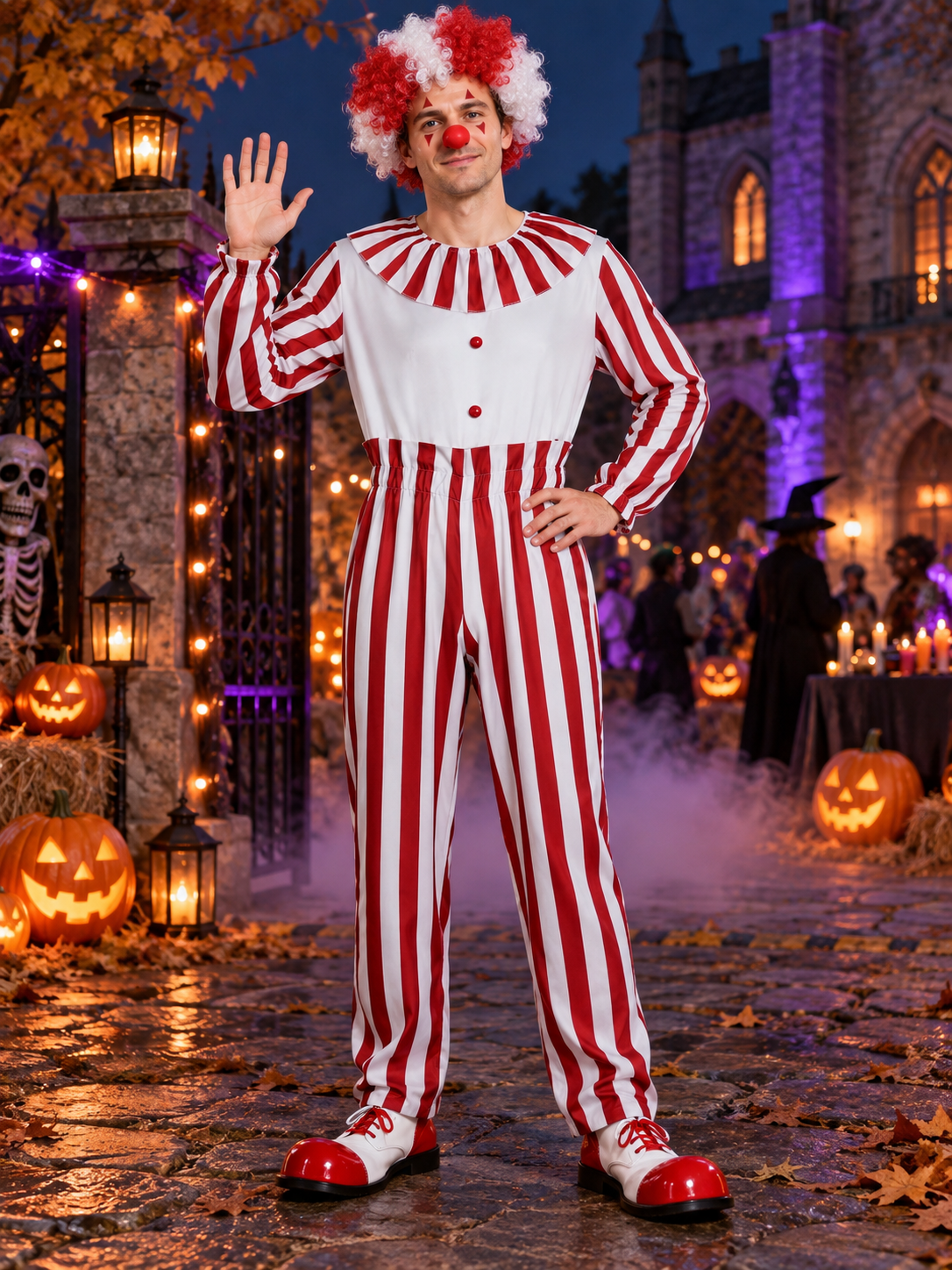 Clown costume jumpsuit in red and white stripes with a jabot